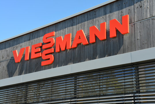Hanover, Lower Saxony / Germany - April 21, 2019: Viessmann logo in Hanover, Germany - Viessmann is an international manufacturer of heating, industrial and refrigeration systems
