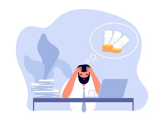 Financial problem. Businessman headache, business trouble and work stress. Frustrated office man need money for pay debt vector illustration. Problem and crisis financial, man with headache