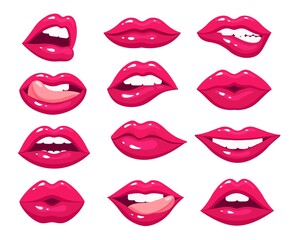 Woman lips. Red sexy mouth, female pink kiss with lipstick makeup. Hot girl open lip tongue. Isolated glamour smile bite vector set. Female lipstick makeup, kiss and smile girl lips illustration