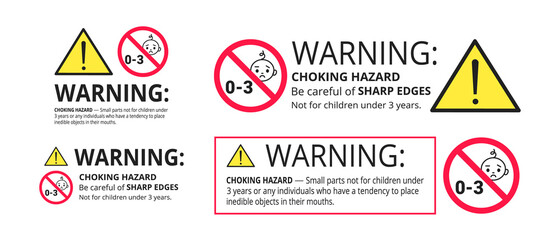 Choking hazard forbidden sign sticker not suitable for children under 3 years isolated on white background vector illustration set. Warning triangle, sharp edges and small parts danger.