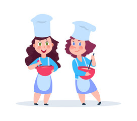 Cartoon chefs. Adorable female characters with plates. Young housewifes, girls baking something vector illustration. Cartoon adorable chef female cooking dinner