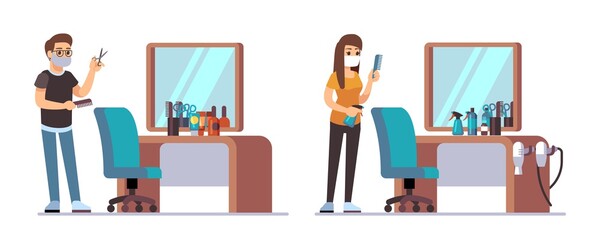 Hairdresser characters. Welcome to barbershop, male female barbers waiting customers. Man woman stylists chairs, haircut accessories and mirrors vector illustration. Barbershop with hairdresser team
