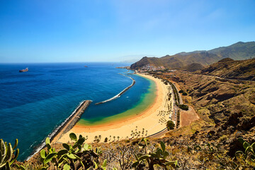 Panoramic view of famous beach Playa de las Teresitas near Santa Cruz de Tenerife from Mirador,Tenerife, Canary Islands, Spain