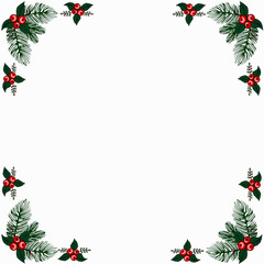 Christmas frame made of fir branches, mistletoe red berries. for christmas cards winter design. Vector illustration in cartoon style with copy-space