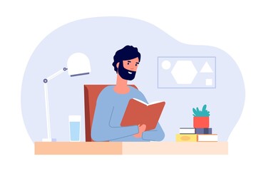 Man at desk. Male reading book, adult student prepare to examination. Self home education, isolation period life. Professor or teacher with tutorials vector illustration. Adult student with book