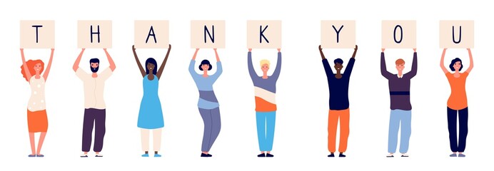 People holding thank you. Woman man standing with plates letters. International crowd thanks doctors paramedics police and other vector illustration. Thank you friendly holding banner with letters