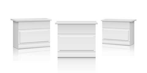 Realistic promo stands. White market counters, 3D interior chest of drawers or bureau. Expo showroom tables vector mockup. Empty white stand, exhibition mockup presentation illustration
