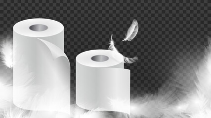 Realistic toilet paper. Soft white papers or cloth rolls with feathers banner. Hygiene, kitchen or bathroom equipment vector illustration. Realistic toilet soft bathroom sheet, sanitary cleaner wipe