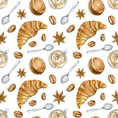Watercolor coffee with croissant seamless pattern. Croissant, coffee cup, macarons, spoon, spices, grains. Aromatic breakfast wallpaper hand painted