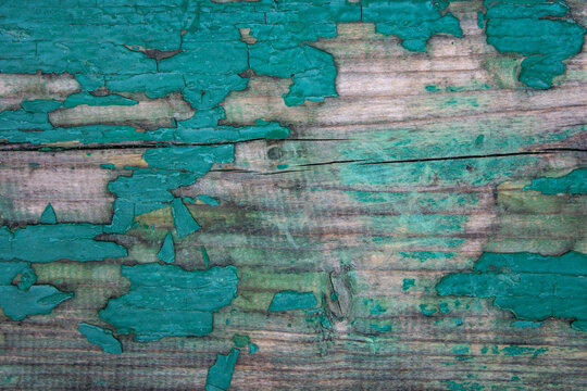 Weathered blue wooden background texture. Shabby wood teal or turquoise green painted. Vintage beach wood backdrop. Shabby decrepit wooden boards. Blue rough painted planks surface.