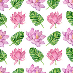 Lovely watercolor lotus flowers with green leaves seamless pattern. Hand drawn floral digital paper.