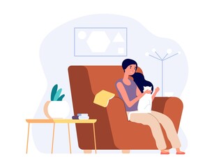 Woman with cat. Girl relaxed in cozy living room and stroking kitten. Self isolation, introversion or single life. Female with pet drink coffee, vector illustration. Cozy chair for woman with cat