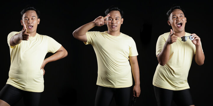 Front portrait with various styles of a young man. A young man with a blank yellow tshirt, front and back views, black background isolated with a clipping point. Design tshirt templates and mockups.