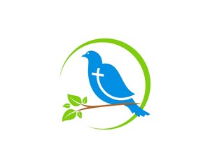 Circle swoosh with pigeon and cross inside