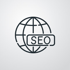 Concepto posicionamiento en buscadores. Icono plano lineal globo terráqueo con palabra SEO en fondo gris