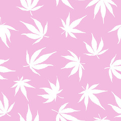 Fototapeta na wymiar Seamless pattern of white hemp on a pink background.White hemp leaves on a pink background. Marijuana pattern