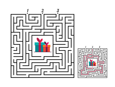 Square maze labyrinth game for kids. Labyrinth logic conundrum. Three entrance and one right way to go. Vector flat illustration isolated on white background.