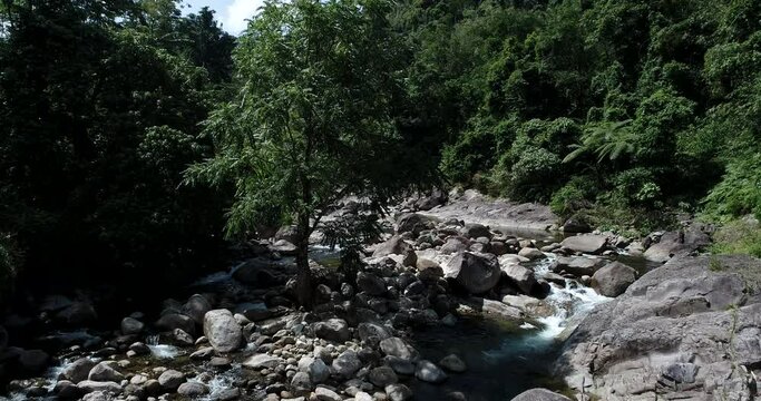 Tropical waterfall rainforest in deep mountain with rocky aerial view