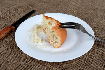 world hunger. plate with leftover food and bread, garbage on the table. The concept of hunger or poverty. Selective focus Retirement Poverty.
