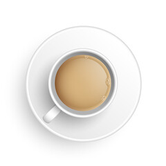 Realistic 3d cup of hot aromatic freshly brewed Indian Masala black tea with milk. A teacup with saucer top view isolated on white background. Vector illustration for web, design, menu, app