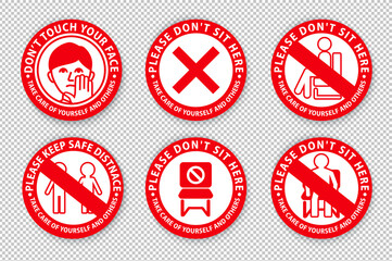 Obraz premium Warning signs on transparent background.. Keep distance between people. Do not sit here. Keep safe distance