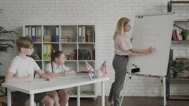 Smiling young female teacher teaching English standing at a whiteboard.