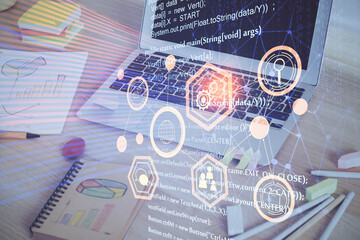 Double exposure of computer and technology theme hud. Concept of innovation.