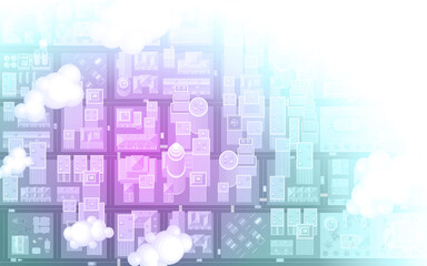 Vector illustration. Cityscape top view. City landscape with houses, buildings, streets, roads. View from above. 
