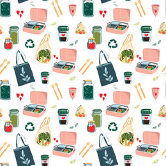 Vector seamless pattern with doodle hand drawn elements of zero waste life. Ecological lifestyle vector illustrations in modern trendy flat cartoon style.