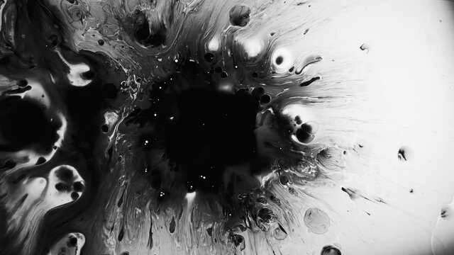 Stains pattern background. Chemical waste. Black ink droplets splash motion with copy space on white.