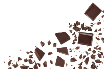 piece of chocolate isolated on white background. Top view with copy space for your text. Flat lay.