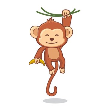 Cute Monkey Hanging Tree Cartoon Illustration