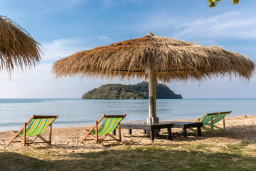 Beach Umbrella and Sunbed, Koh Mak Beach, Koh Mak island, Thailand.