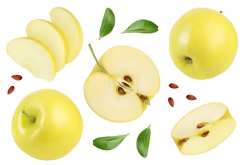 yellow apple with half isolated on white background . Top view. Flat lay. Set or collection