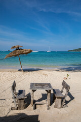 Beach Umbrella and Sunbed, Koh Mak Beach, Koh Mak island, Thailand.
