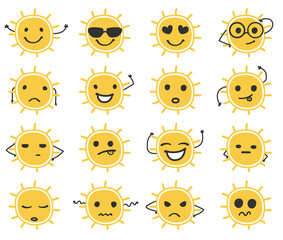 Cartoon sun character icon collection.Vector  illustration of sun cartoon character emoji set.