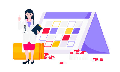 Medicine schedule or medical reminder planner flat style design vector illustration with date calendar, doctor and pill bottle isolated on white background. Health care appointment service.