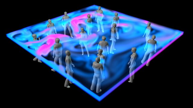 Air currents flowing around crowd of people standing in confined room . 3d simulation rendering illustration. Diagonal view