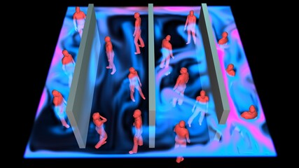 Air currents flowing around crowd of people in confined room . Flow goes around men, women and walls in closed space.  3d simulation rendering illustration. Perspective view