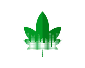 Abstract cannabis leaf with city silhouette inside