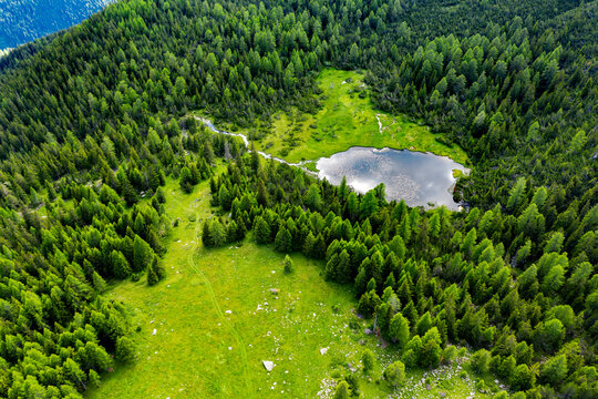 Valmalenco, Italy, aerial view of the pond at Alpe Entova