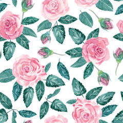 Watercolor seamless pattern with leaves, roses and flower buds on white background. Beautiful textile print. Great for fabrics, wrapping papers, wallpapers, linens.