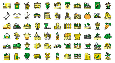 Farmer icons set. Outline set of farmer vector icons thin line color flat on white