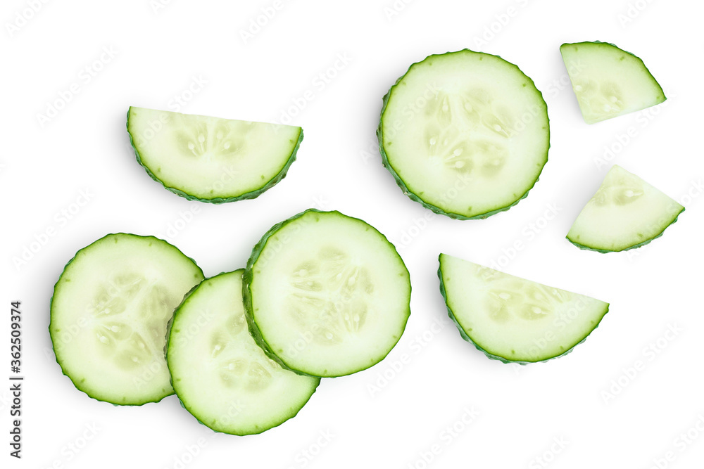 Wall mural sliced cucumber isolated on white background with clipping path and full depth of field, top view. f - Wall murals