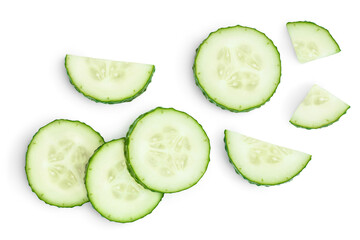 Sliced cucumber isolated on white background with clipping path and full depth of field, Top view....