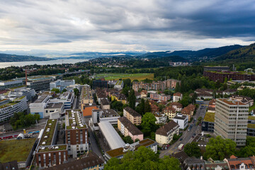 Naklejka premium Aerial view of zurich with lake on a cloudy summer day