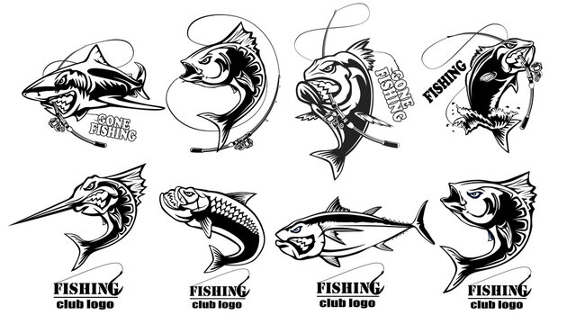 Fishing set of ocean fish. Marlin. Sword fish. Piranha. Sea bass. Shark. Tuna. Wahoo.  Marine theme. Ocean fishing background. Logos for fishing club.
