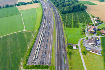 Aerial view of the marshalling yard with stationed wagons