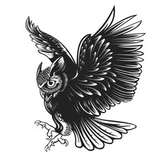 Owl silhouette background and moon.Hand drawn logo vector illustration.Print design for t-shirts.Retro old style.