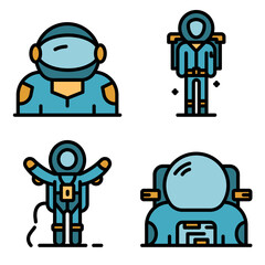 Astronaut icons set. Outline set of astronaut vector icons thin line color flat on white